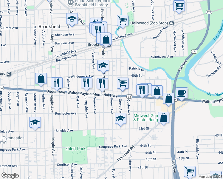 map of restaurants, bars, coffee shops, grocery stores, and more near 4038 Forest Avenue in Brookfield