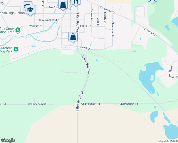 map of restaurants, bars, coffee shops, grocery stores, and more near 16627 South Red Bud Trail in Buchanan