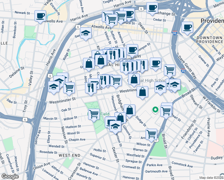 map of restaurants, bars, coffee shops, grocery stores, and more near 1185 Westminster Street in Providence