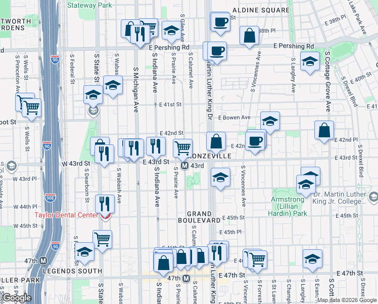 map of restaurants, bars, coffee shops, grocery stores, and more near 4240 South Calumet Avenue in Chicago