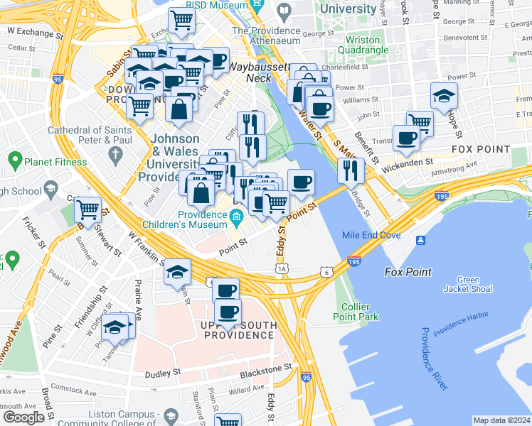 map of restaurants, bars, coffee shops, grocery stores, and more near 356 Richmond Street in Providence
