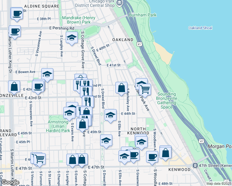map of restaurants, bars, coffee shops, grocery stores, and more near 920 East 43rd Street in Chicago