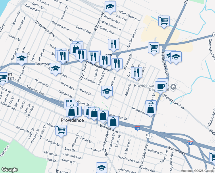 map of restaurants, bars, coffee shops, grocery stores, and more near 129 Leonard Avenue in East Providence