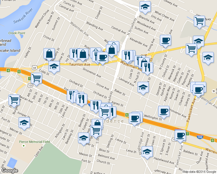 map of restaurants, bars, coffee shops, grocery stores, and more near 191 Grove Avenue in East Providence