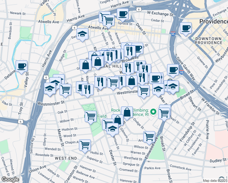 map of restaurants, bars, coffee shops, grocery stores, and more near 1185 Westminster Street in Providence
