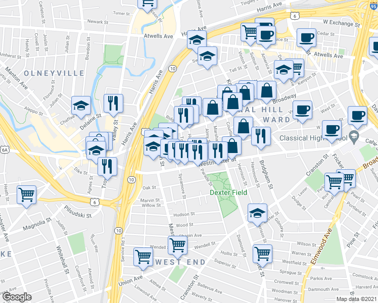 map of restaurants, bars, coffee shops, grocery stores, and more near 114 Tobey Street in Providence