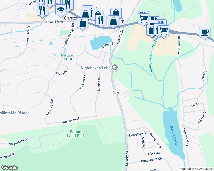 map of restaurants, bars, coffee shops, grocery stores, and more near 14 Sunrise Drive in Canton