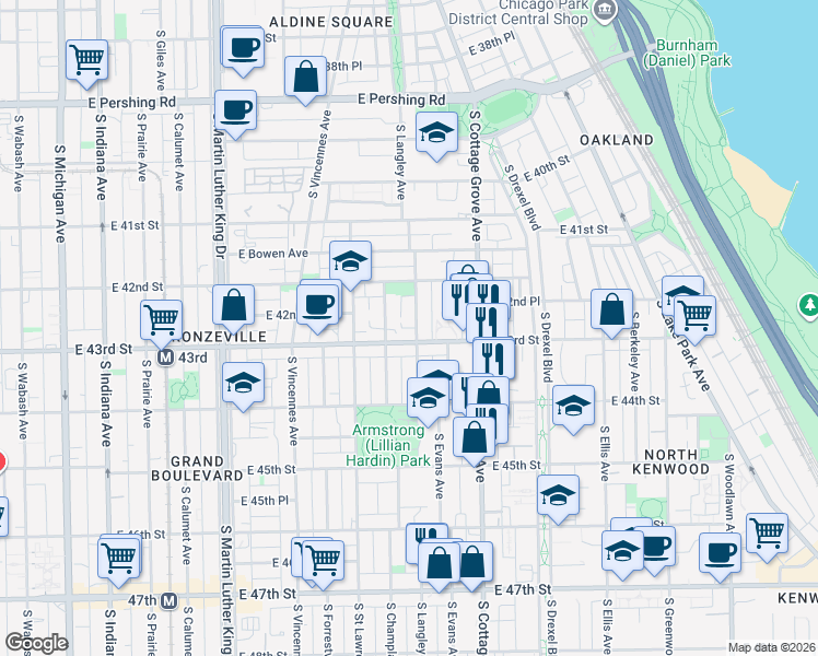 map of restaurants, bars, coffee shops, grocery stores, and more near 700 East 43rd Street in Chicago
