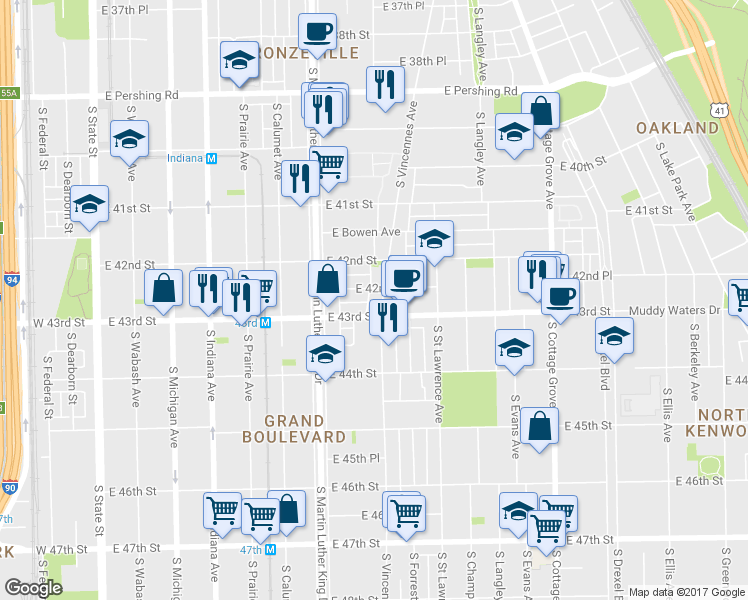 map of restaurants, bars, coffee shops, grocery stores, and more near 440 East 43rd Street in Chicago
