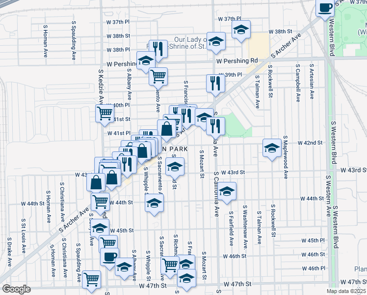 map of restaurants, bars, coffee shops, grocery stores, and more near 2911 West 42nd Street in Chicago