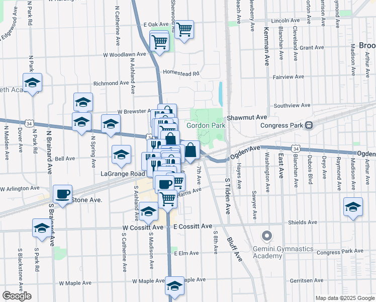 map of restaurants, bars, coffee shops, grocery stores, and more near 1 North La Grange Road in La Grange