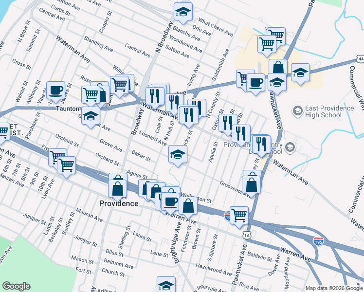 map of restaurants, bars, coffee shops, grocery stores, and more near in East Providence