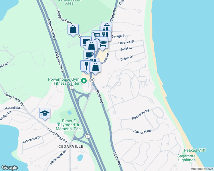 map of restaurants, bars, coffee shops, grocery stores, and more near 86 Westcliff Drive in Plymouth