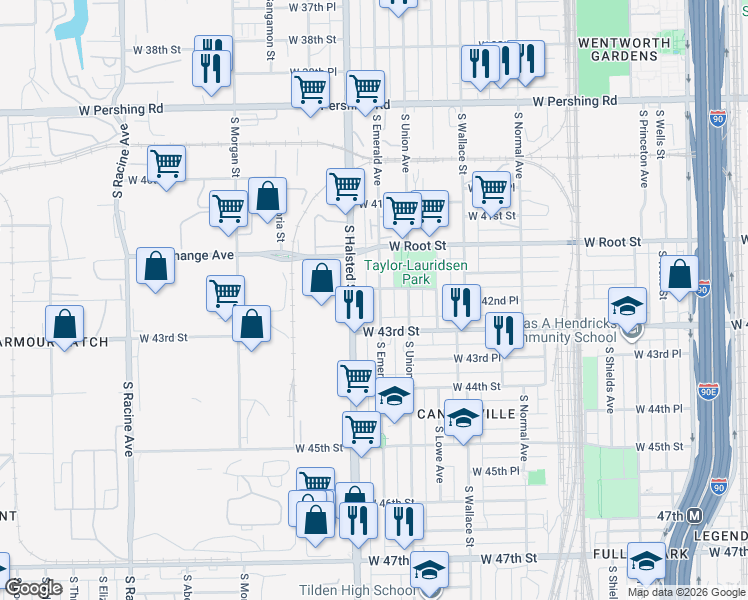map of restaurants, bars, coffee shops, grocery stores, and more near 4210 South Emerald Avenue in Chicago