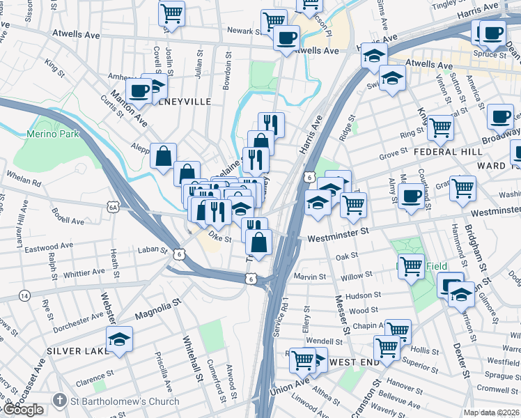 map of restaurants, bars, coffee shops, grocery stores, and more near in Providence