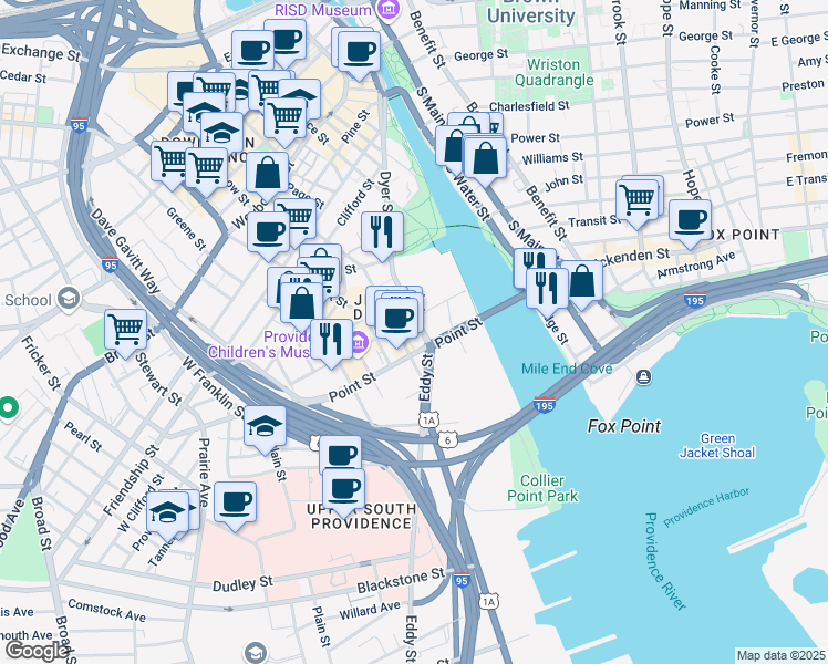 map of restaurants, bars, coffee shops, grocery stores, and more near 356 Richmond Street in Providence