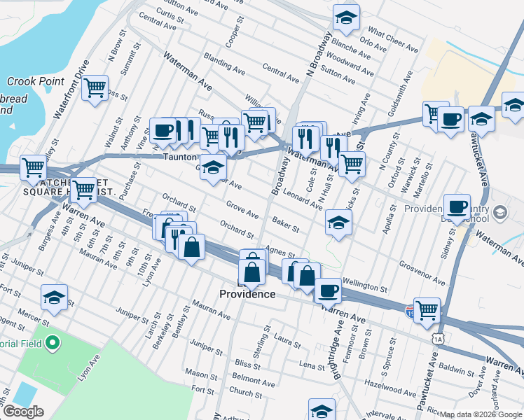 map of restaurants, bars, coffee shops, grocery stores, and more near 877 Broadway in East Providence