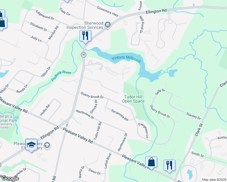 map of restaurants, bars, coffee shops, grocery stores, and more near 77 Lavender Lane in South Windsor
