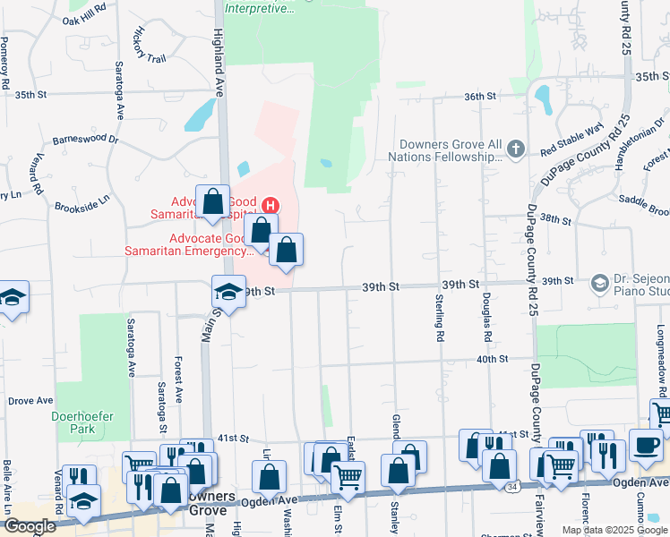 map of restaurants, bars, coffee shops, grocery stores, and more near 726 39th Street in Downers Grove