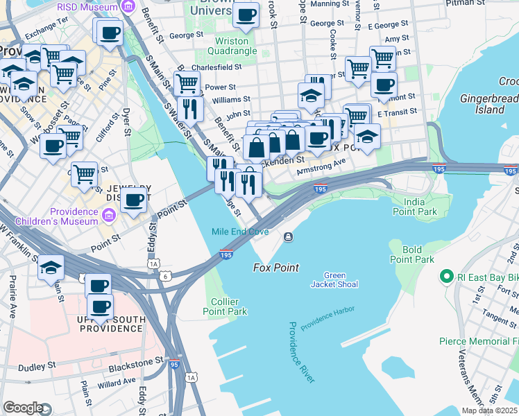 map of restaurants, bars, coffee shops, grocery stores, and more near 580 South Water Street in Providence