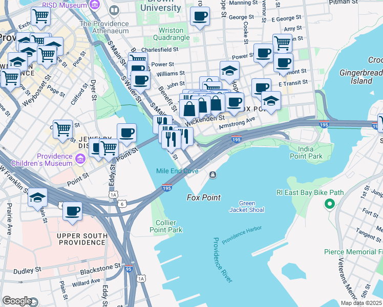 map of restaurants, bars, coffee shops, grocery stores, and more near 580 South Water Street in Providence
