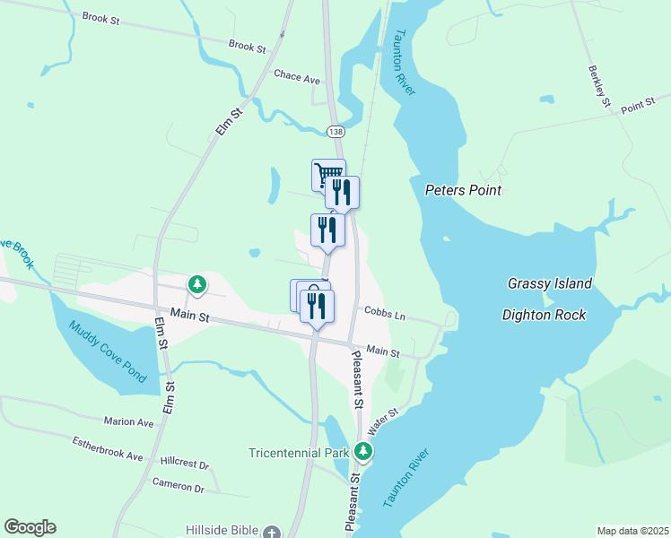 map of restaurants, bars, coffee shops, grocery stores, and more near 1975 County Street in Dighton