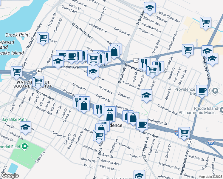 map of restaurants, bars, coffee shops, grocery stores, and more near 191 Grove Avenue in East Providence