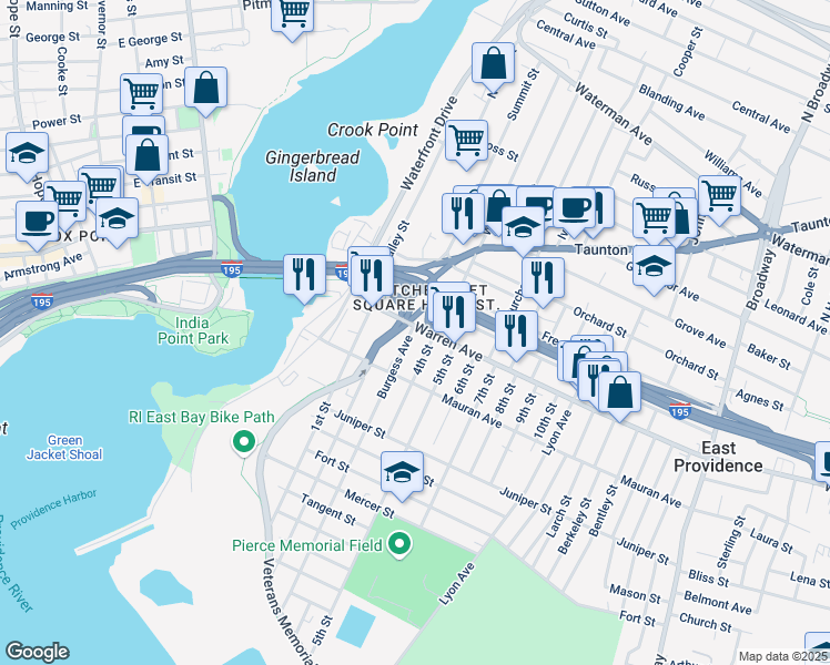 map of restaurants, bars, coffee shops, grocery stores, and more near 14 Burgess Avenue in East Providence