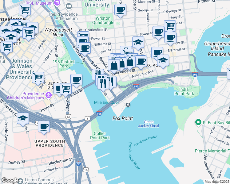 map of restaurants, bars, coffee shops, grocery stores, and more near 40 Tockwotton Street in Providence