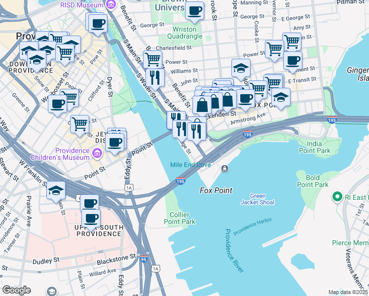 map of restaurants, bars, coffee shops, grocery stores, and more near 579 South Water Street in Providence