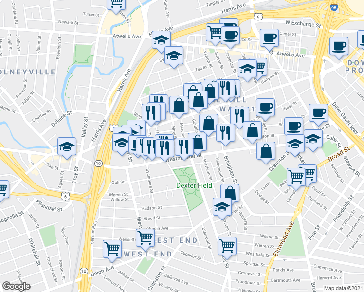 map of restaurants, bars, coffee shops, grocery stores, and more near in Providence