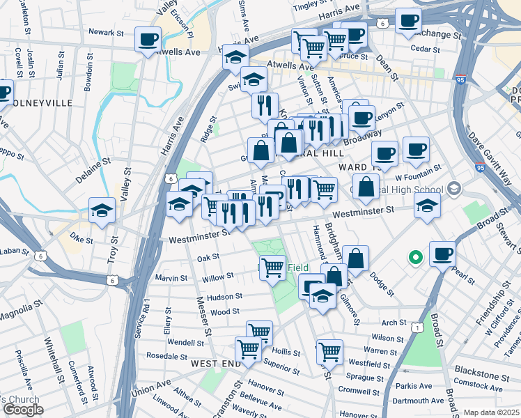 map of restaurants, bars, coffee shops, grocery stores, and more near 10 Almy Street in Providence