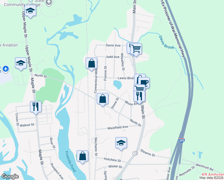 map of restaurants, bars, coffee shops, grocery stores, and more near 33 James Street in Killingly
