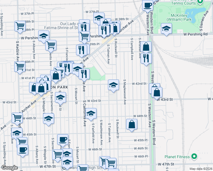 map of restaurants, bars, coffee shops, grocery stores, and more near 4211 South Washtenaw Avenue in Chicago
