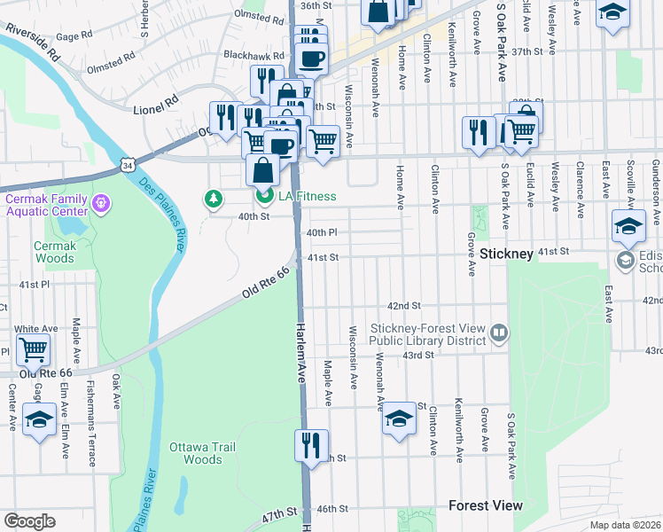 map of restaurants, bars, coffee shops, grocery stores, and more near 4105 Maple Avenue in Berwyn