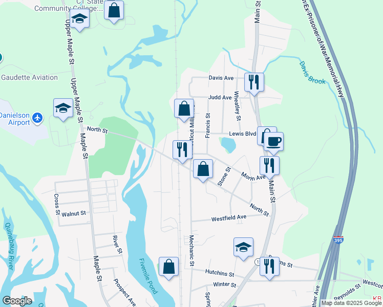 map of restaurants, bars, coffee shops, grocery stores, and more near Morin Ave & Connecticut Mills Ave in Killingly