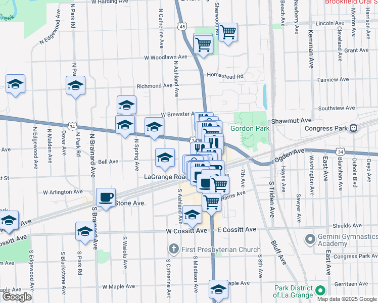 map of restaurants, bars, coffee shops, grocery stores, and more near 26 North Madison Avenue in La Grange