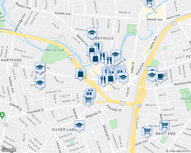 map of restaurants, bars, coffee shops, grocery stores, and more near 87 Hartford Avenue in Providence