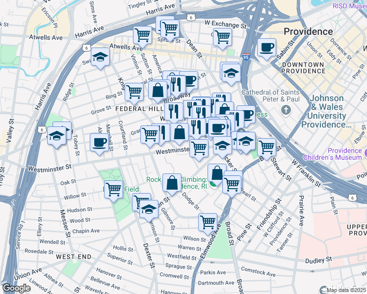map of restaurants, bars, coffee shops, grocery stores, and more near 1029 Westminster Street in Providence