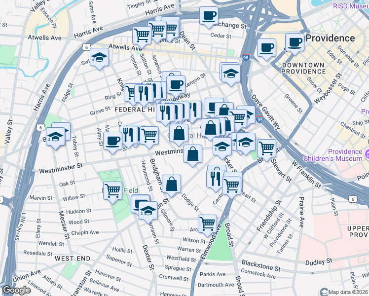 map of restaurants, bars, coffee shops, grocery stores, and more near 1009 Westminster Street in Providence