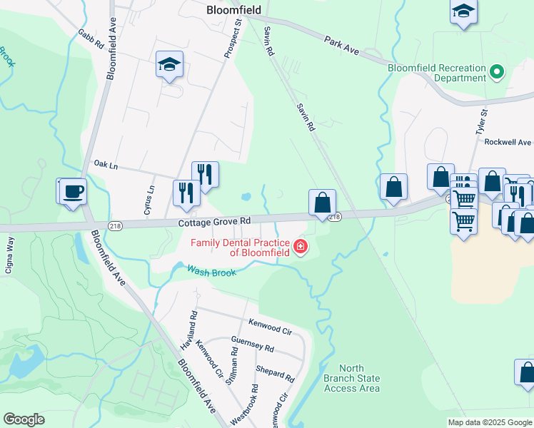 map of restaurants, bars, coffee shops, grocery stores, and more near 600 Cottage Grove Road in Bloomfield