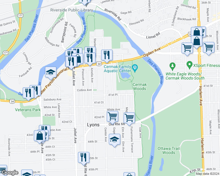 map of restaurants, bars, coffee shops, grocery stores, and more near 4048 Gage Avenue in Lyons