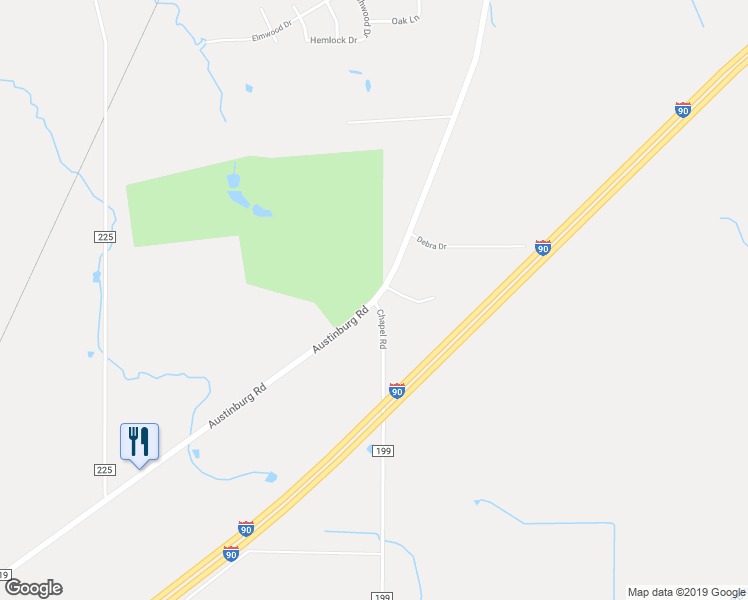 map of restaurants, bars, coffee shops, grocery stores, and more near 1801 Austinburg Road in Austinburg