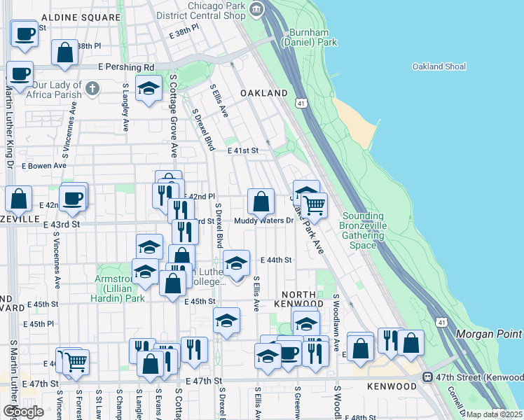 map of restaurants, bars, coffee shops, grocery stores, and more near 4219 South Ellis Avenue in Chicago