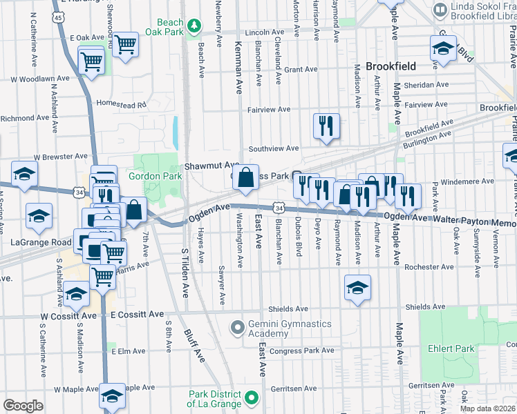 map of restaurants, bars, coffee shops, grocery stores, and more near Ogden Ave & East Ave in Brookfield