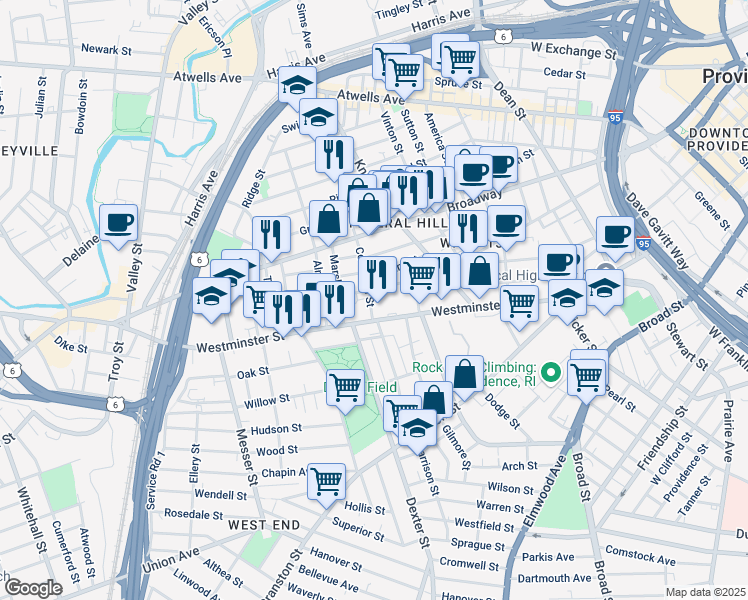 map of restaurants, bars, coffee shops, grocery stores, and more near 170 Courtland Street in Providence