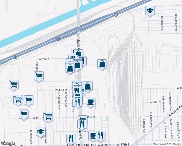 map of restaurants, bars, coffee shops, grocery stores, and more near 4141 South Pulaski Road in Chicago