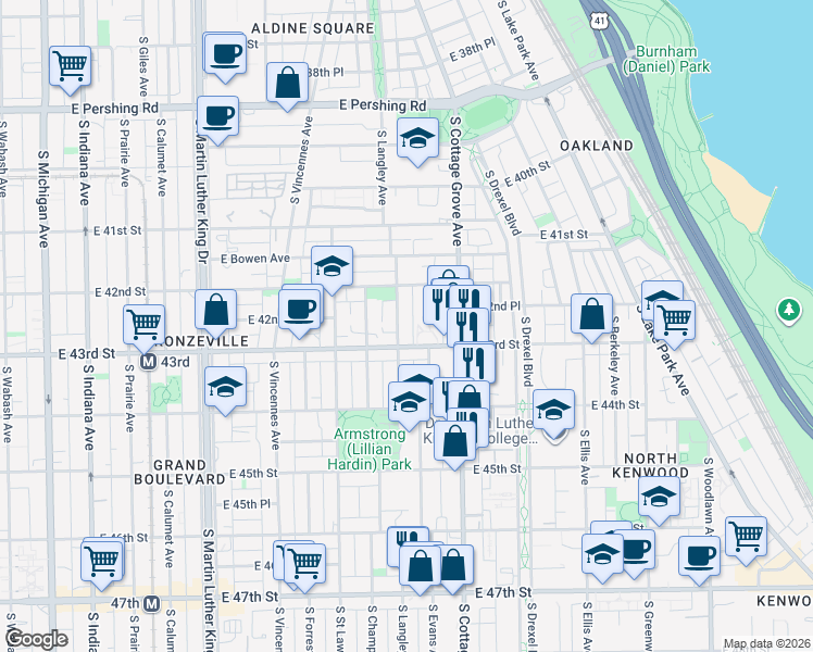 map of restaurants, bars, coffee shops, grocery stores, and more near 4241 South Langley Avenue in Chicago