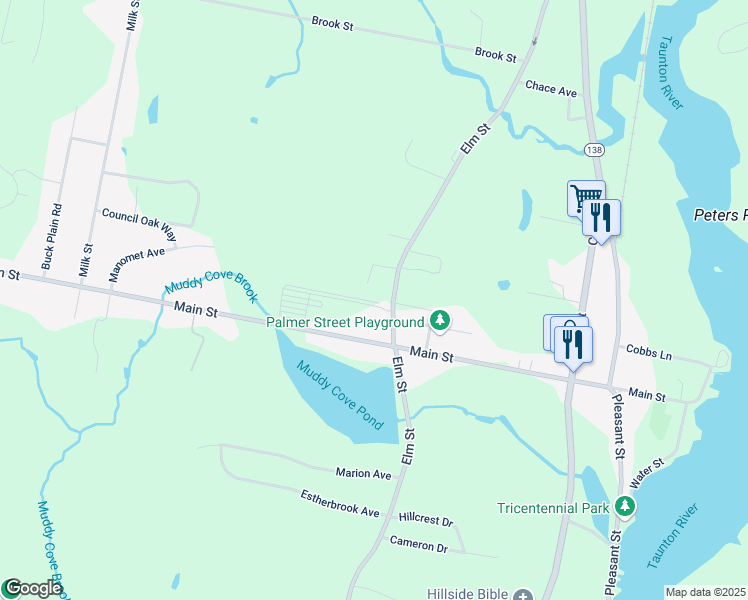 map of restaurants, bars, coffee shops, grocery stores, and more near 2016 Elm Street in Dighton
