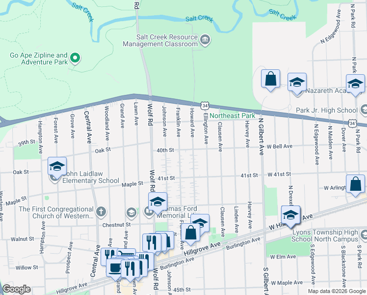 map of restaurants, bars, coffee shops, grocery stores, and more near 4020 Howard Avenue in Western Springs